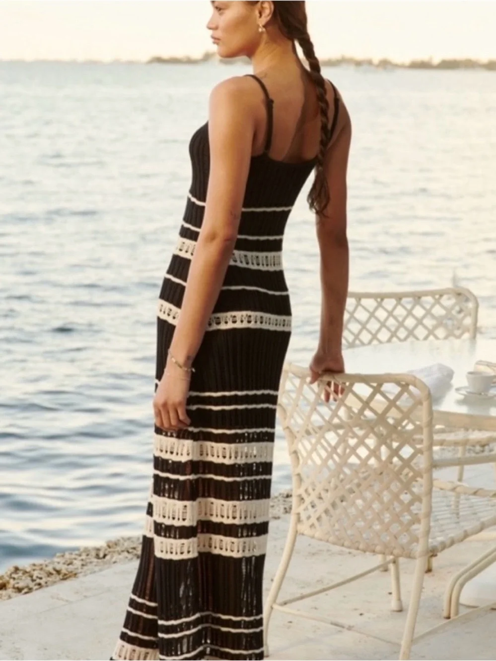 Abercrombie & Fitch Black and Cream Striped Knit Maxi Dress